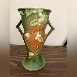 Vintage Roseville Pottery Snowberry Green Vase. Roseville mark and IV-6 on base.